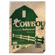 Cowboy Softwood Premium Softwood Shavings. Wood shavings for animal stalls. Clear bag of shavings with green logo.