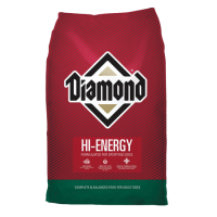 Diamond Hi Energy Sport Dry Dog Food. Red pet food bag.