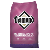Diamond Maintenance Formula Adult Dry Cat Food. Pink pet food bag. 