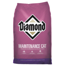 Diamond Maintenance Formula Adult Dry Cat Food. Pink pet food bag. 
