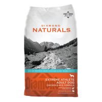 Diamond Naturals Extreme Athlete Formula Dry Dog Food. Orange and grey pet food bag.