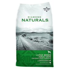 Diamond Naturals Large Breed Adult Chicken & Rice Dog Food. Green and grey dog food bag.