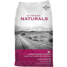 Diamond Naturals Large Breed Puppy Lamb & Rice. Red and grey dog food bag. Dry puppy food.