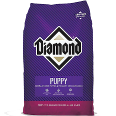 Diamond Puppy Formula Dry Dog Food. Purple pet food bag.