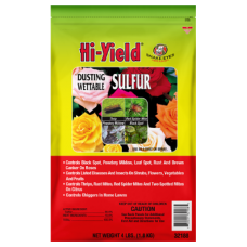 Hi-Yield Dusting Sulfur. Colorful green and red bag. Insect control for plants and vegetables gardens. 