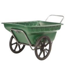 High Country Plastics Dura Cart 7 Cubic Foot with Bike Tires. Green garden cart. Plastic tub with metal frame. Black wheels. Lawn and garden product.