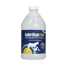 LubriSynHA Equine & Pet Joint Formula Quart. White plastic jug, blue product label. Animal health and wellness joint support product.