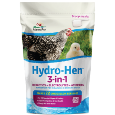 Manna Pro Hydro-Hen. White and blue pouch bag. Poultry health supplement.