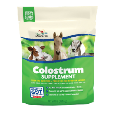 Manna Pro Multi-Species Colostrum. Animal Health & Wellness for Sheep and Goats. Green and white pouch. Various animals.