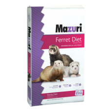 Mazuri Ferret Diet 25-lb 5M08. White and purple feed bag. Three ferrets. Quality exotic animal feed.