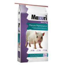 Mazuri Mini Pig Mature Maintenance 5Z4C. White and purple feed bag. White mini pig. Feed for exotic animals.