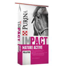 Purina Impact Mature Active Pelleted Horse Feed. Equine feed bag.
