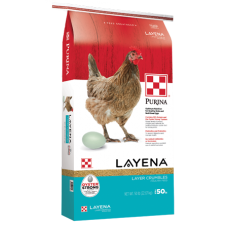 Purina Layena Crumbles. Red, teal and white poultry feed bag.