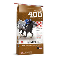Purina Omolene 400 Complete Advantage Horse Feed. Brown feed bag. Racing horses.