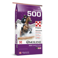 Purina Omolene 500 Competition Horse Feed. Purple feed bag.