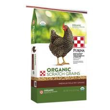 Purina Organic Scratch Grains. Green feed bag for poultry.