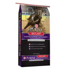 Purina Outlast Gastric Support Supplement. Dark feed bag. Equine supplement.