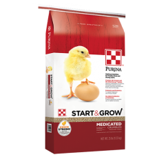 Purina Start & Grow Medicated. Red and white poultry feed bag. Yellow chicklet. 