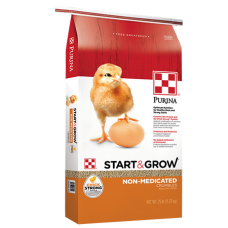 Purina Start & Grow Non-Medicated. Red and gold feed bag. Yellow chick.