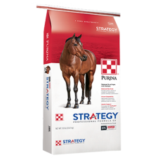 Purina Strategy Professional Formula GX Horse Feed. Red, white equine feed bag. Brown horse.