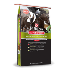 Purina SuperSport Amino Acid Horse Supplement. Dark feed bag.