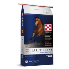 Purina Ultium Competition Horse. Blue and silver feed bag. Brown horse.