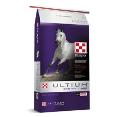 Purina Ultium Gastric Care Horse Feed. Equine feed bag. White horse running. 