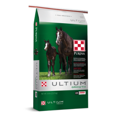 Purina Ultium Growth Horse Formula. Green feed bag. Two horses. 
