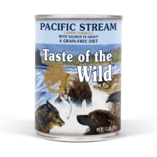 Taste of the Wild Pacific Stream Canned Dog Food. Colorful blue 13.2-oz can of wet dog food. Bears fishing in river.