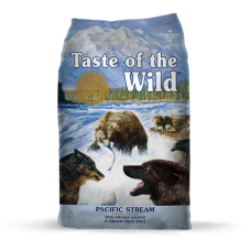 Taste of the Wild Pacific Stream Dry Dog Food. Colorful blue pet food bag, Bears fishing in river.