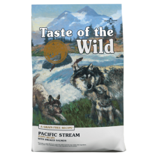 Taste of the Wild Pacific Stream Puppy Recipe with Smoked Salmon. Colorful blue pet food bag. Nature scene. 