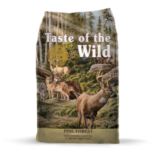 Taste of the Wild Pine Forest Canine Recipe with Venison & Legumes Dry Dog Food. Earth-toned pet food bag. Nature scene.