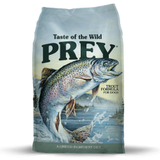 Taste of the Wild Trout Limited Ingredient Formula Dry Dog Food. Grey pet food bag. Large trout.