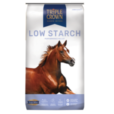 Triple Crown Low Starch Horse Feed. Blue horse feed bag. Brown horse running.