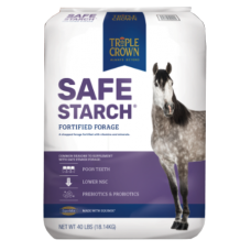 Triple Crown Safe Starch Forage Horse Feed. White and blue equine feed bag. Dapple horse.