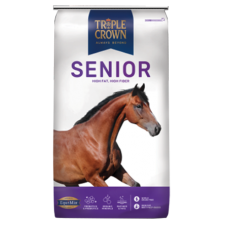 Triple Crown Senior Horse Feed. White and blue equine feed bag. Brown horse running.