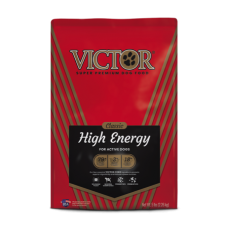 Victor Classic High Energy Formula Dry Dog Food. Red pet food bag.