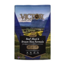 Victor Select Beef Meal and Brown Rice Dry Dog Food. Colorful blue feed bag.