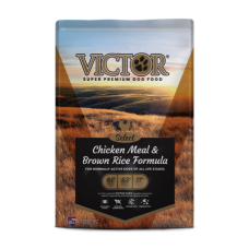 Victor Select Chicken Meal & Brown Rice Formula Dry Dog Food. Colorful brown pet food bag.