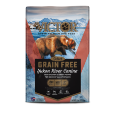 Victor Yukon River Salmon & Sweet Potato Grain Free Dry Dog Food. Colorful pet food bag. Red dog.