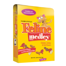 Feline Medley Cat Food. Exclusive Signature cat food. Bright yellow dry cat food bag.