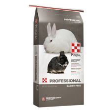 Purina Professional Rabbit Feed. Green and white feed bag.
