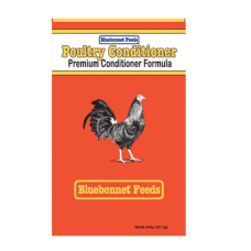 Bluebonnet Poultry Conditioner 16%. Bright orange poultry feed bag. Rooster illustration.