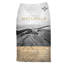 Diamond Naturals Light Lamb Meal & Rice Dry Dog Food. Tan dog food bag.