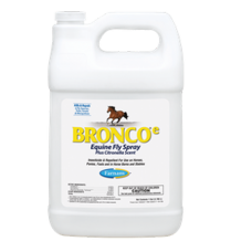 Farnam Bronco (E) Equine Fly Spray Plus Citronella Scent. White plastic jug container. Insect control for horses.