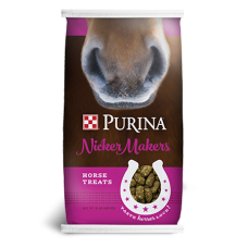 Purina Nicker Makers Horse Treats. Dark pink feed bag. 