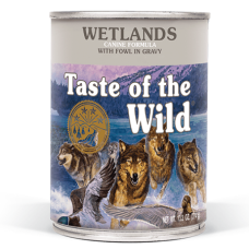 Taste of the Wild Wetlands Canine Formula with Fowl in Gravy Wet Dog Food. Colorful blue dog food can.