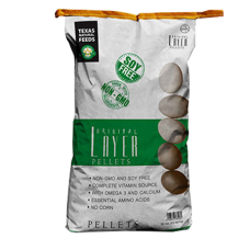 Texas Natural Feeds Original Layer Pellets. White poultry feed bag.