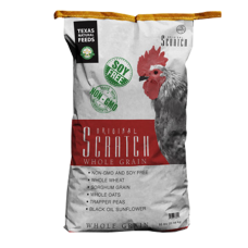 Texas Natural Feeds Original Scratch Grain. White poultry feed bag.