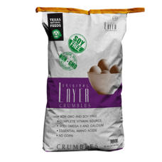 Texas Naturals Original Layer Crumbles Chicken Feed. White and purple poultry feed bag. 